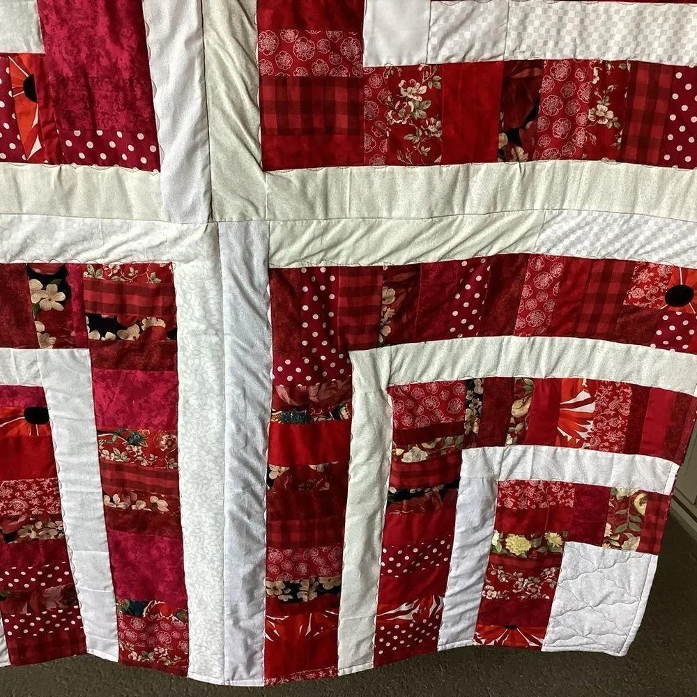 NWT. Hand Crafted “Strawberry Fields” Red and White Patchwork Quilt